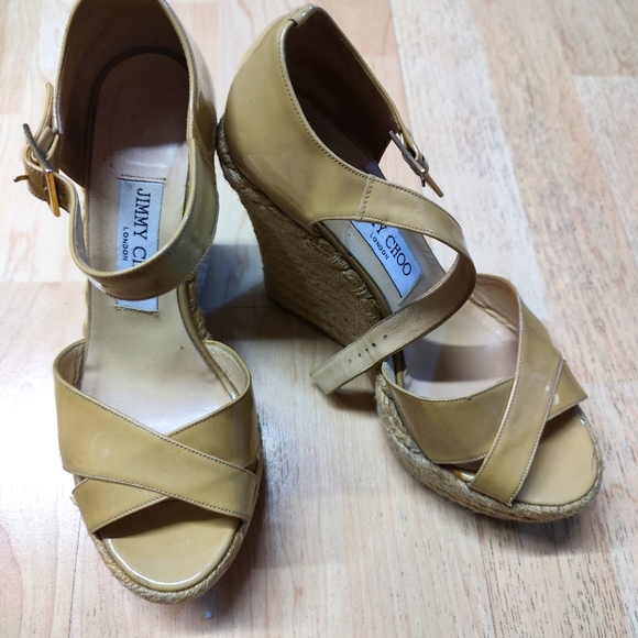 Jimmy Choo Patent Leather Espadrilles Neutrals Jute Trim Wedge Heels Platfore 37 - Picture 1 of 8